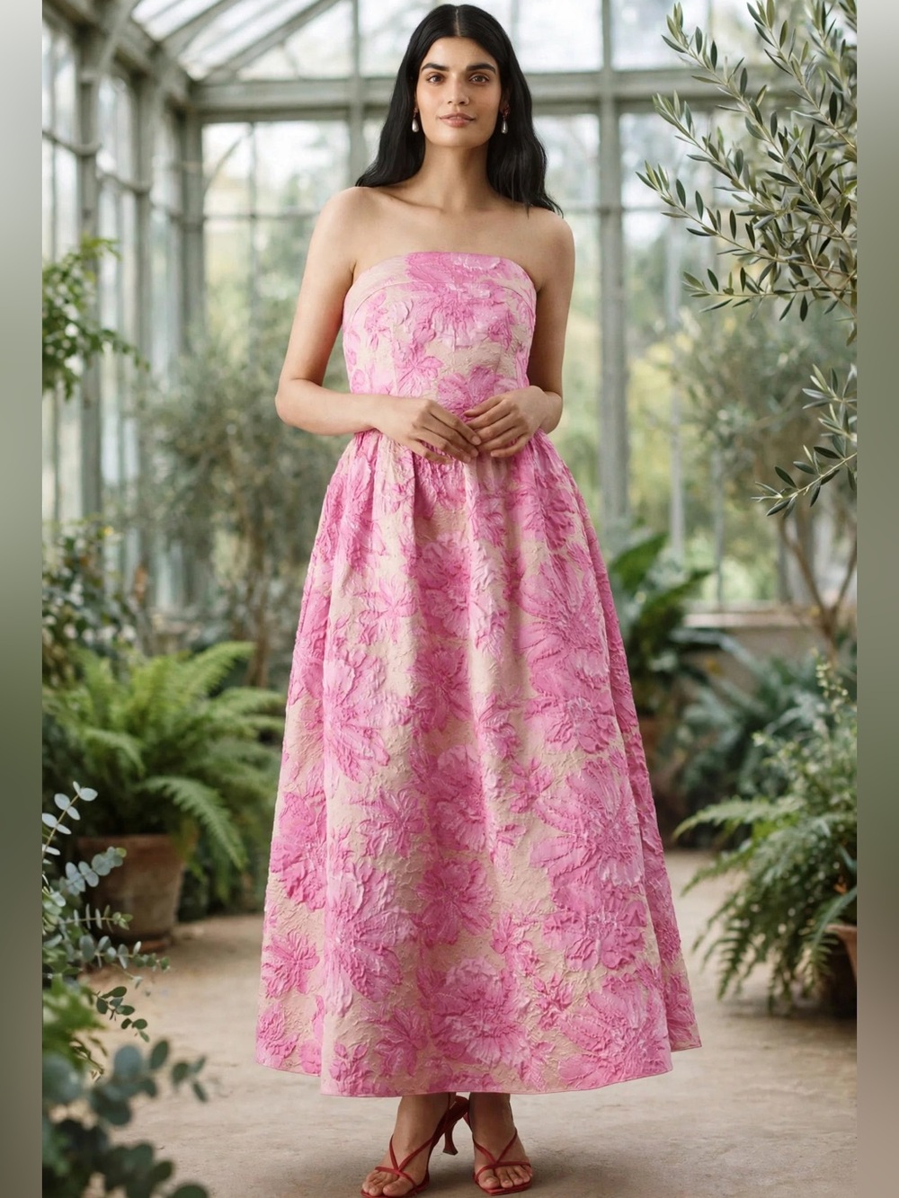 Shoshanna Dana Strapless Jacquard Midi Dress Strapless Pink Floral A-Line Sz 8